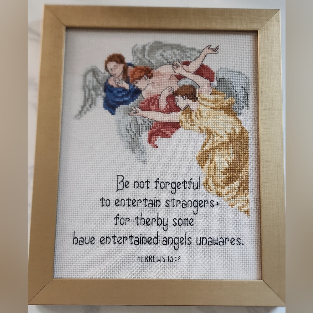 Vtg Jeanette Crew's "Be Not Afraid" Cross Stitch Gold Frame‎ 1994 Hebrews 13:2